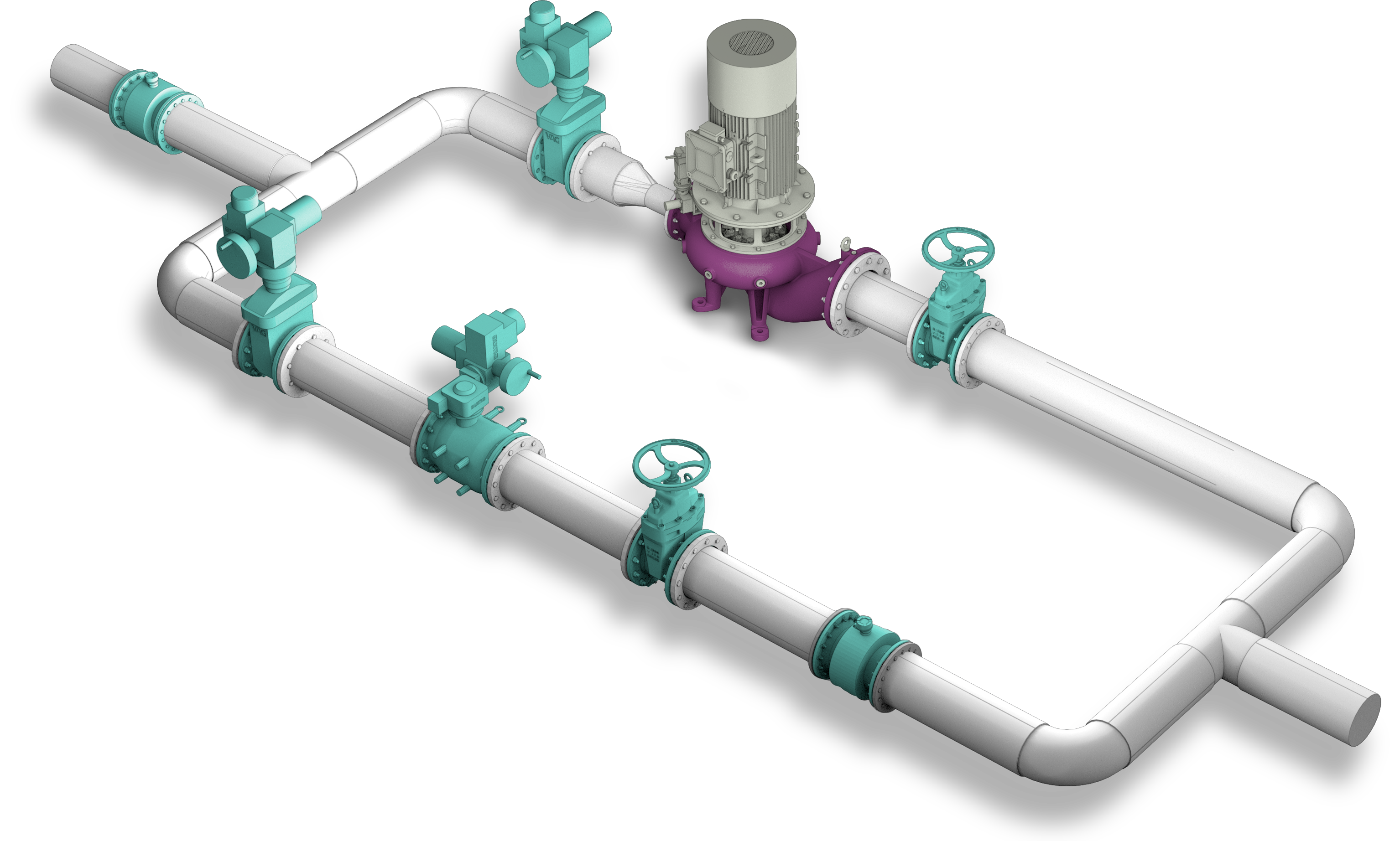 Generic hydraulic layout showing NYA turbine installation with flow meter, actuated gate valves, needle valve and bypass